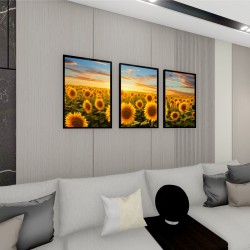 Quadro Decorativo Girassol Trio em Adesivo com Moldura Caixa