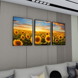 Quadro Decorativo Girassol Trio em Canvas Moldura Negativa