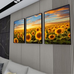 Quadro Decorativo Girassol Trio em Canvas Moldura Negativa