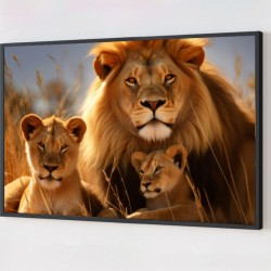 Quadro Decorativo Leão e Filhotes em Adesivo com Moldura Caixa