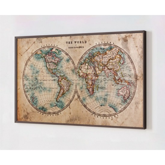 Quadro Decorativo Mapa Hemisférios em Adesivo com Moldura Caixa