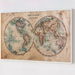 Quadro Decorativo Mapa Hemisférios em Adesivo com Moldura Caixa