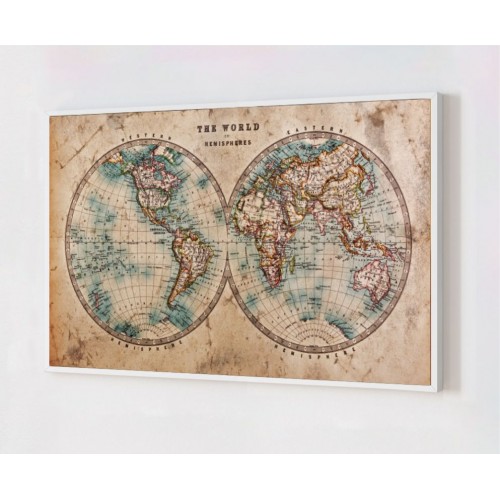 Quadro Decorativo Mapa Hemisférios em Adesivo com Moldura Caixa