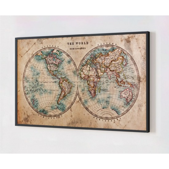 Quadro Decorativo Mapa Hemisférios em Adesivo com Moldura Caixa