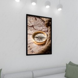 Quadro Decorativo Mapa Bussola em Adesivo com Moldura Caixa