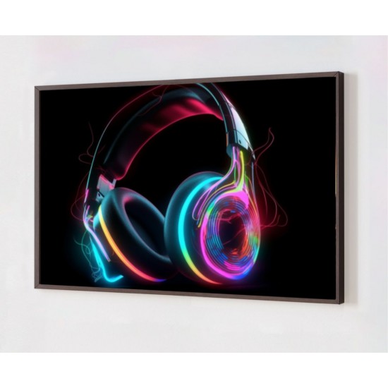 Quadro Decorativo Fone de Ouvido Neon em Adesivo com Moldura Caixa