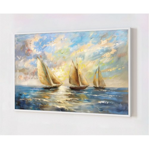 Quadro Decorativo Barcos no Mar em Adesivo com Moldura Caixa