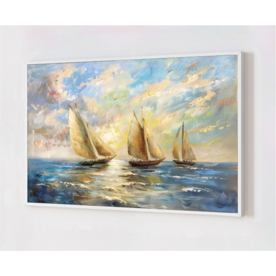 Quadro Decorativo Barcos no Mar em Adesivo com Moldura Caixa