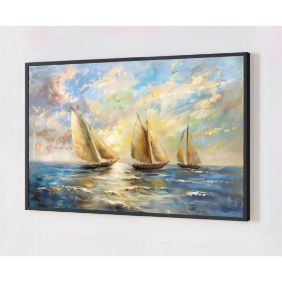 Quadro Decorativo Barcos no Mar em Adesivo com Moldura Caixa