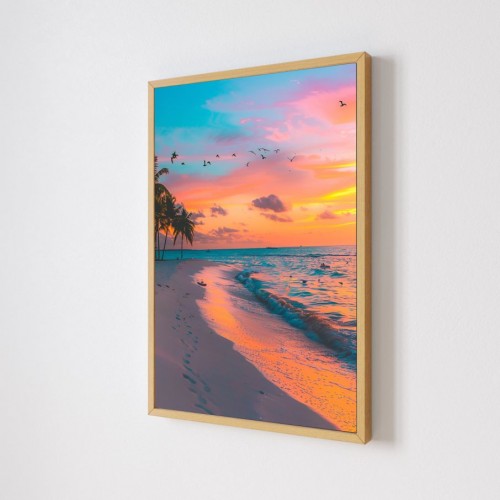 Quadro Decorativo Praia Por do Sol em Adesivo com Moldura Caixa