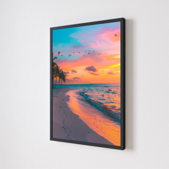 Quadro Decorativo Praia Por do Sol em Adesivo com Moldura Caixa