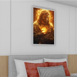 Quadro Decorativo Jesus Fogo em Adesivo com Moldura Caixa