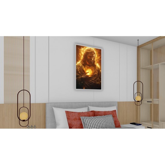 Quadro Decorativo Jesus Fogo em Adesivo com Moldura Caixa