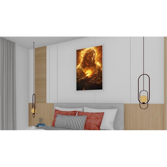 Quadro Decorativo Jesus Fogo em Adesivo com Moldura Caixa