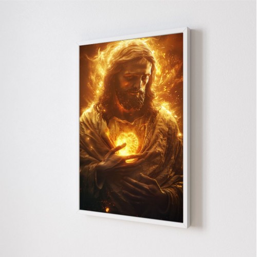 Quadro Decorativo Jesus Fogo em Adesivo com Moldura Caixa