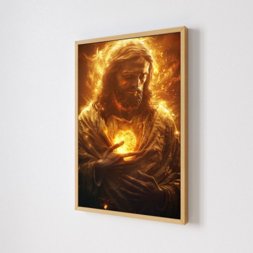 Quadro Decorativo Jesus Fogo em Adesivo com Moldura Caixa