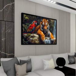 Quadro Decorativo Tigre e Arara em Adesivo com Moldura Caixa