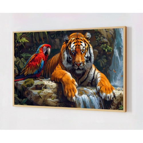 Quadro Decorativo Tigre e Arara em Adesivo com Moldura Caixa