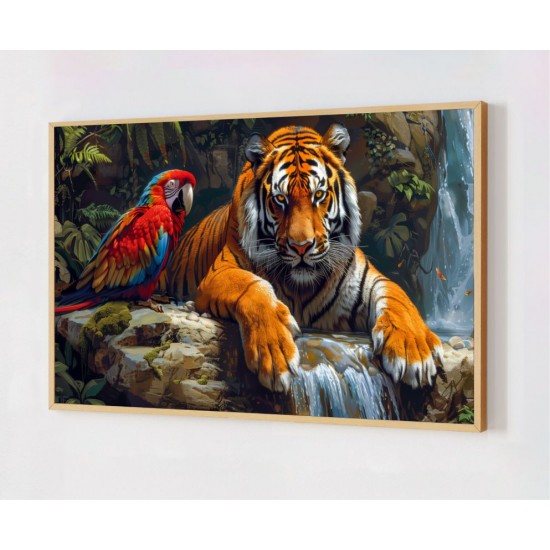 Quadro Decorativo Tigre e Arara em Adesivo com Moldura Caixa