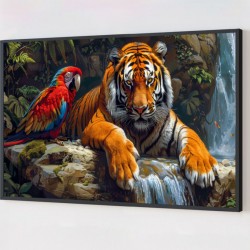 Quadro Decorativo Tigre e Arara em Adesivo com Moldura Caixa