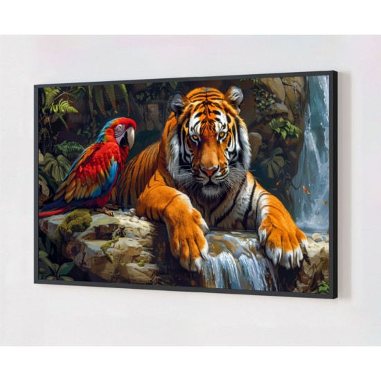 Quadro Decorativo Tigre e Arara em Adesivo com Moldura Caixa