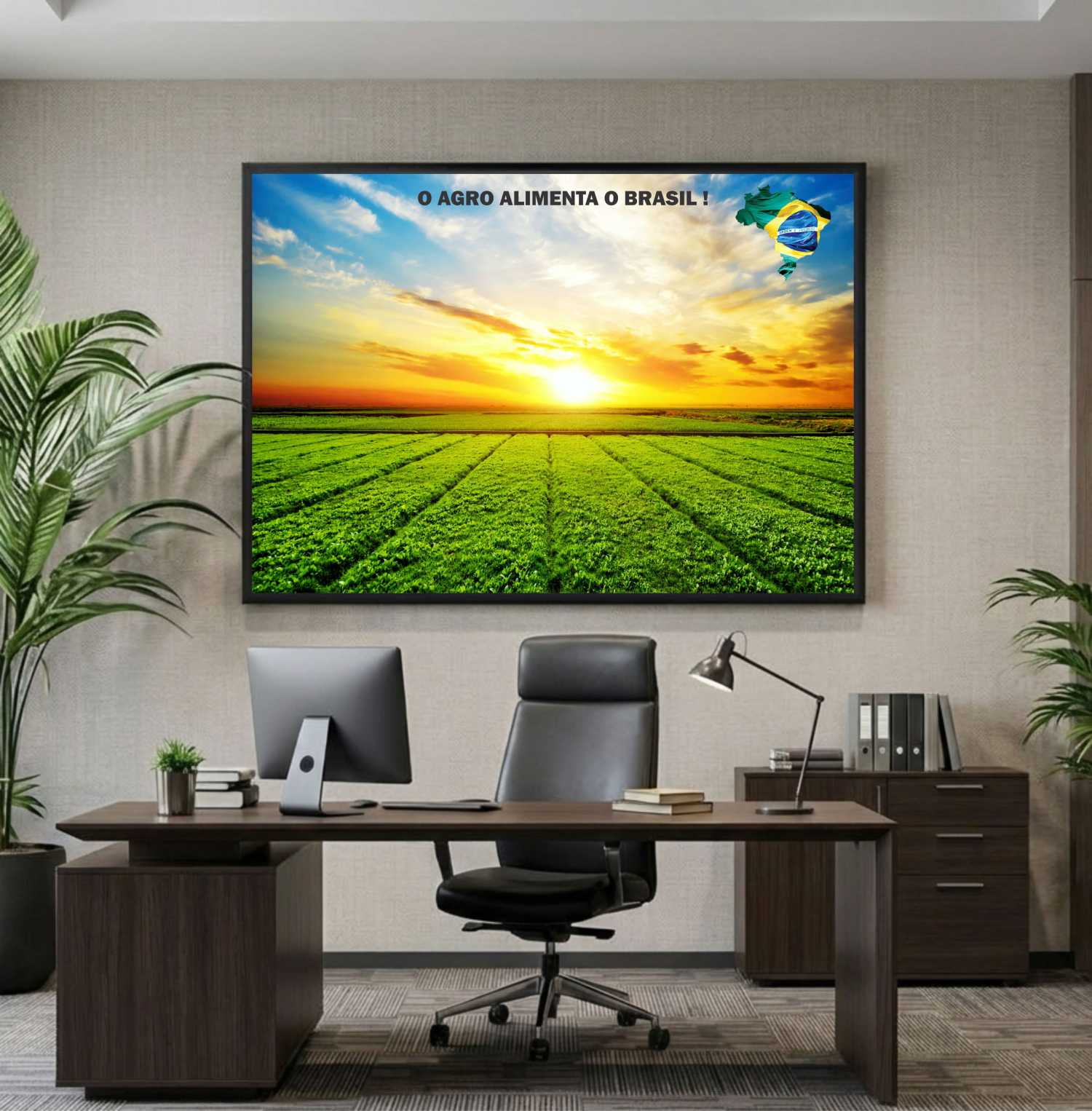 Quadro Decorativo Agro Alimenta o Brasil Plantação no Por do Sol 