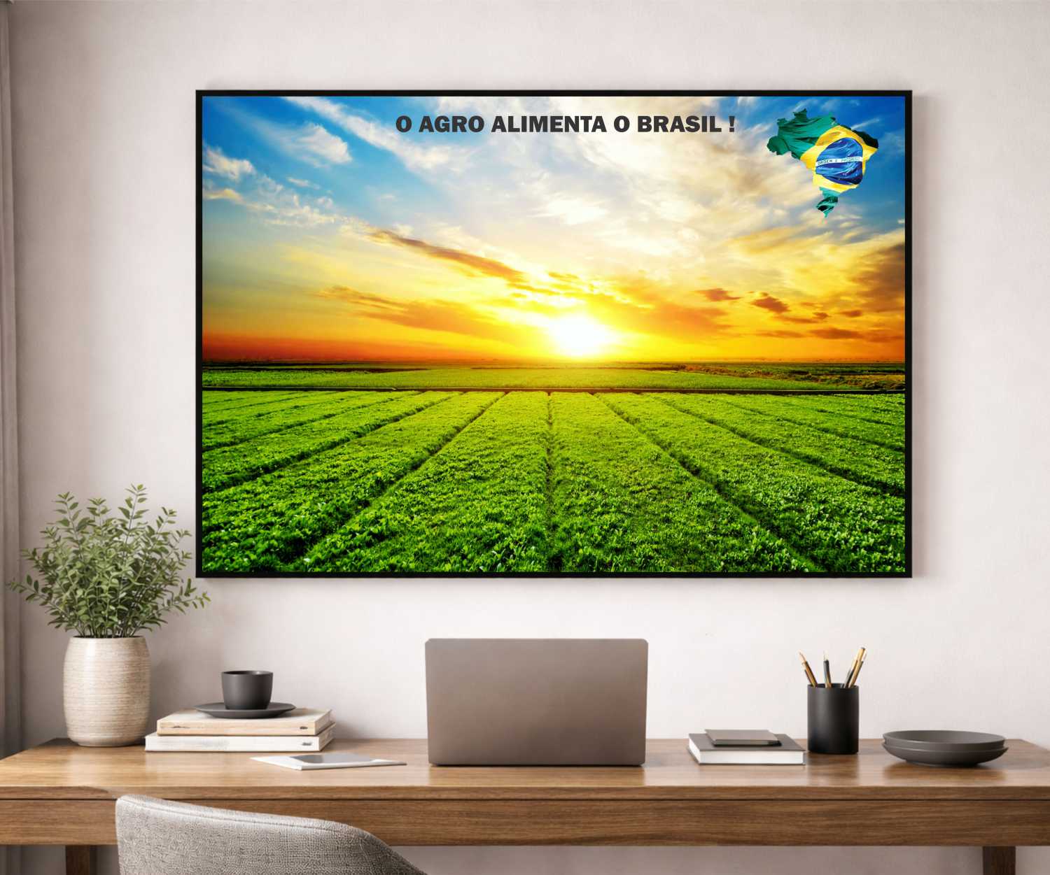 Quadro Decorativo Agro Alimenta o Brasil Plantação no Por do Sol 