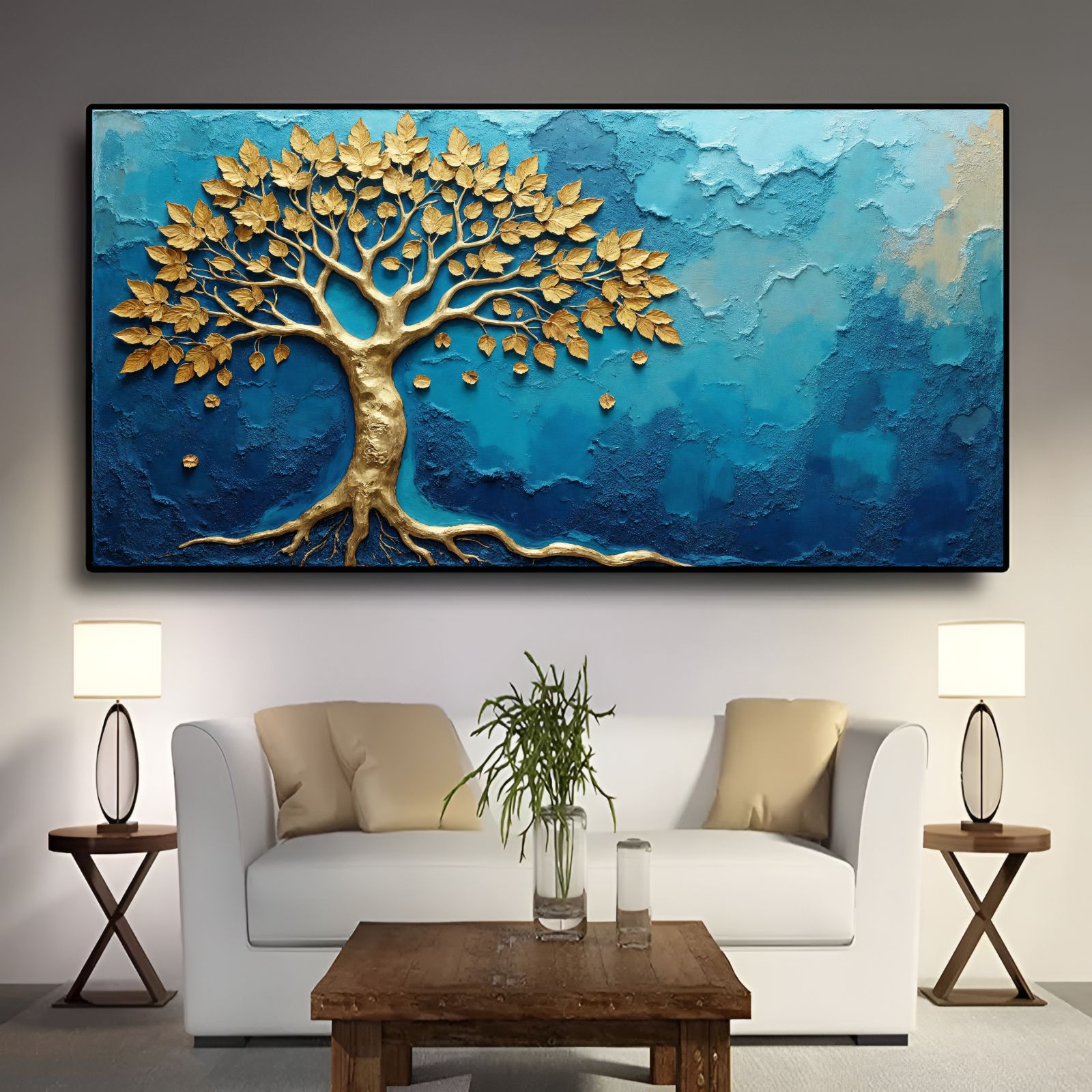 Quadro Decorativo Árvore Da Vida Dourada e Azul