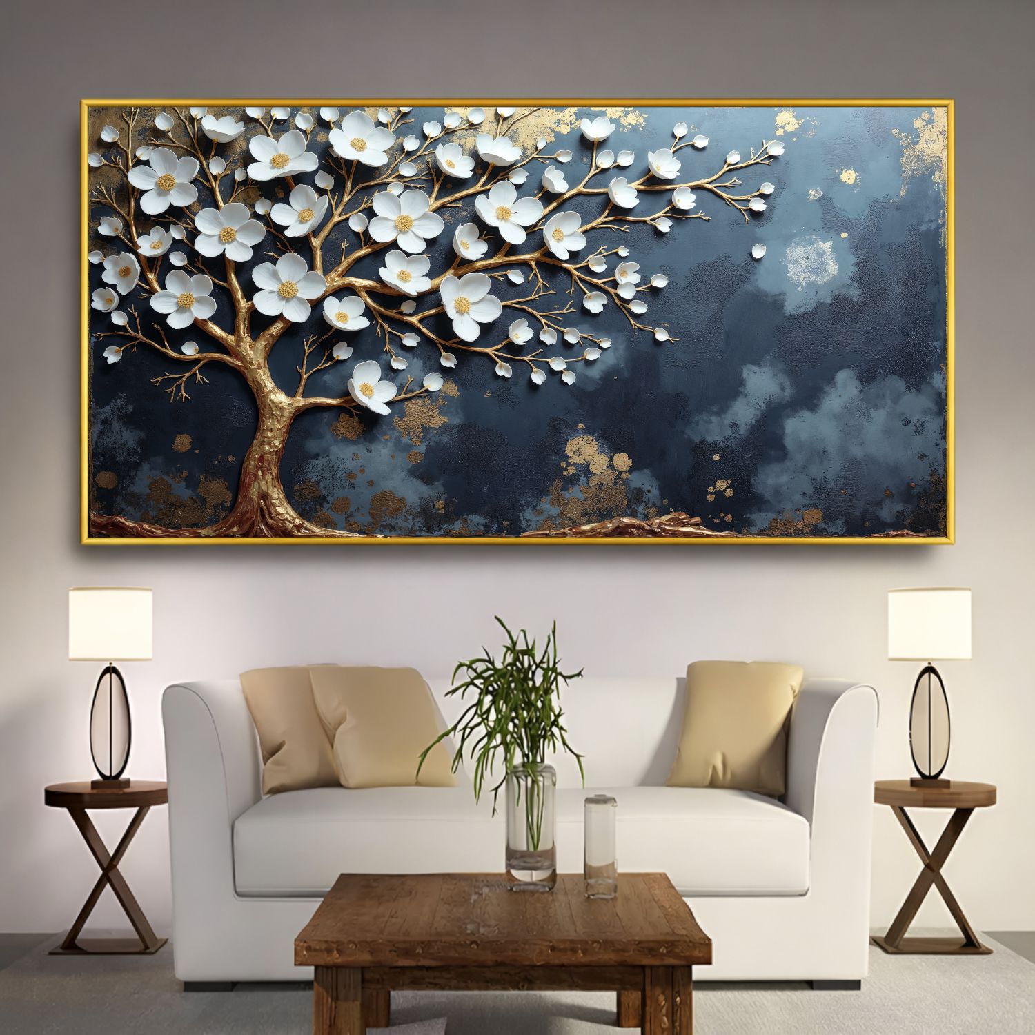 Quadro Decorativo Árvore Da Vida Flores Brancas Ouro