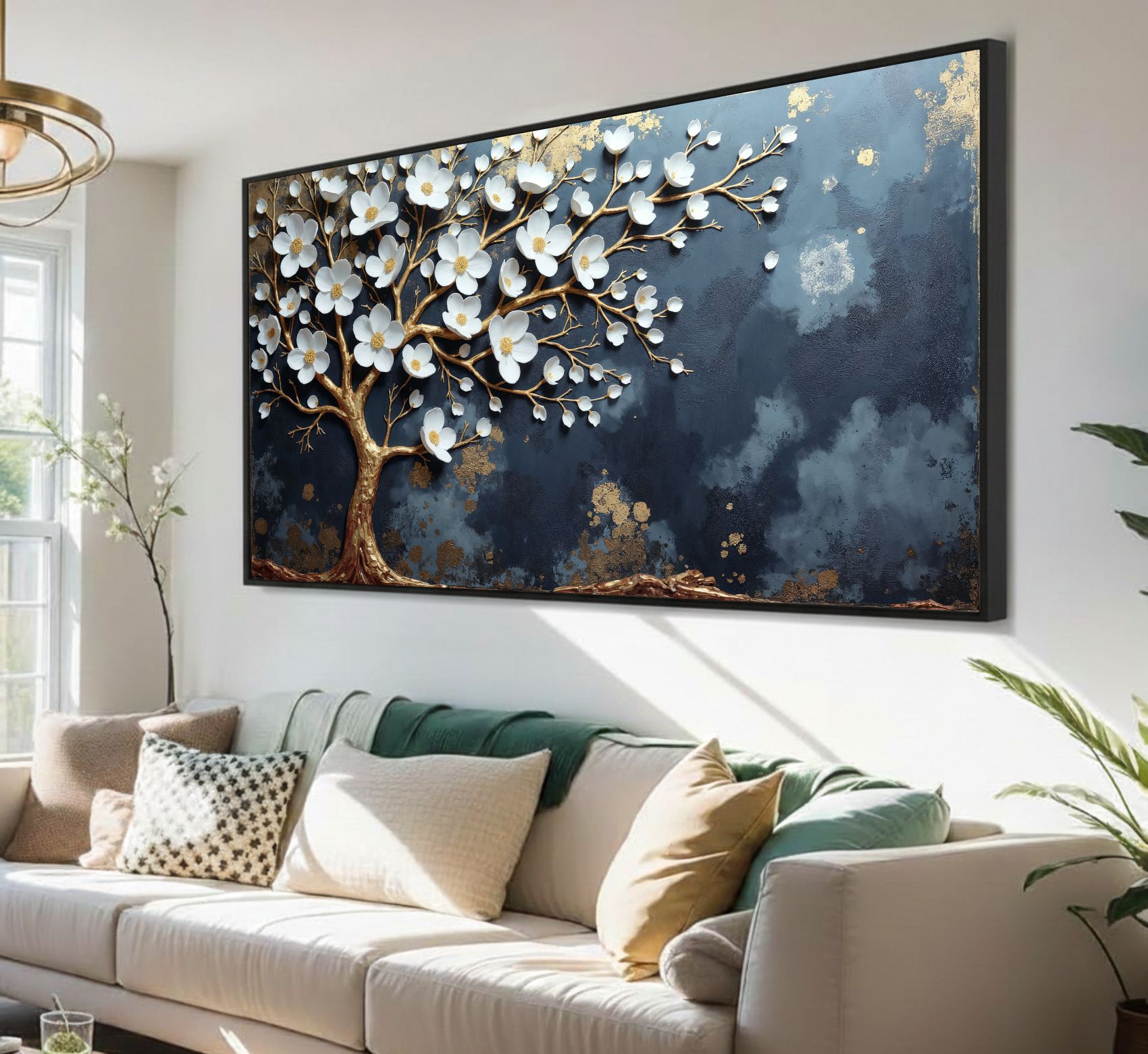 Quadro Decorativo Árvore Da Vida Flores Brancas Ouro