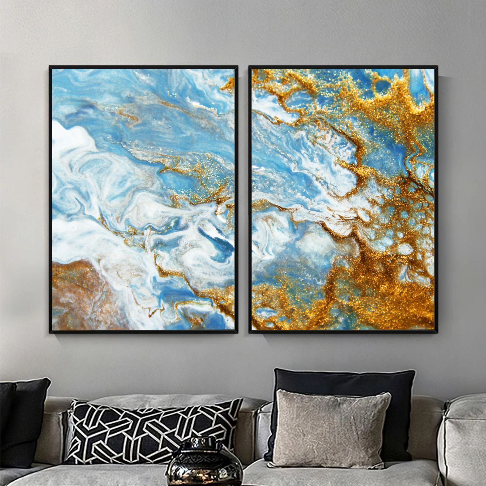 Kit 2 Quadros Decorativos Abstratos Mármore Azul E Dourado