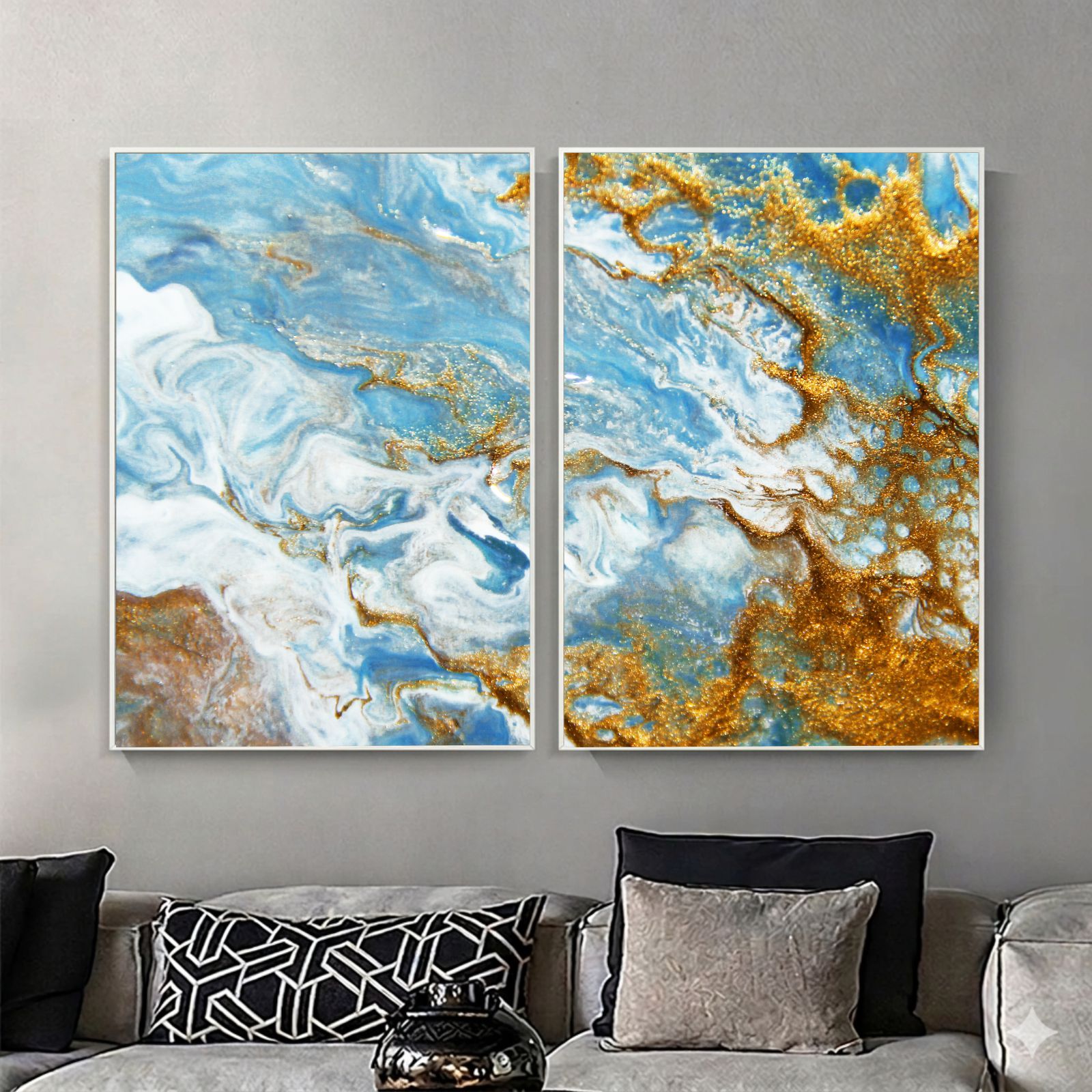 Kit 2 Quadros Decorativos Abstratos Mármore Azul E Dourado Kit 2 Quadros Decorativos Abstratos Mármore Azul E Dourado