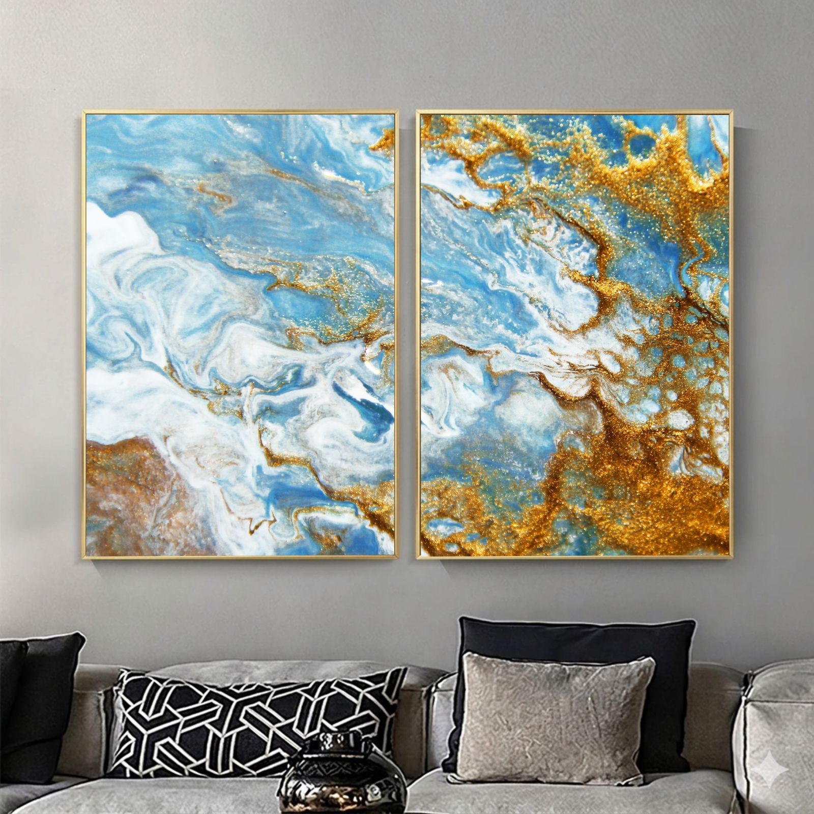 Kit 2 Quadros Decorativos Abstratos Mármore Azul E Dourado Kit 2 Quadros Decorativos Abstratos Mármore Azul E Dourado
