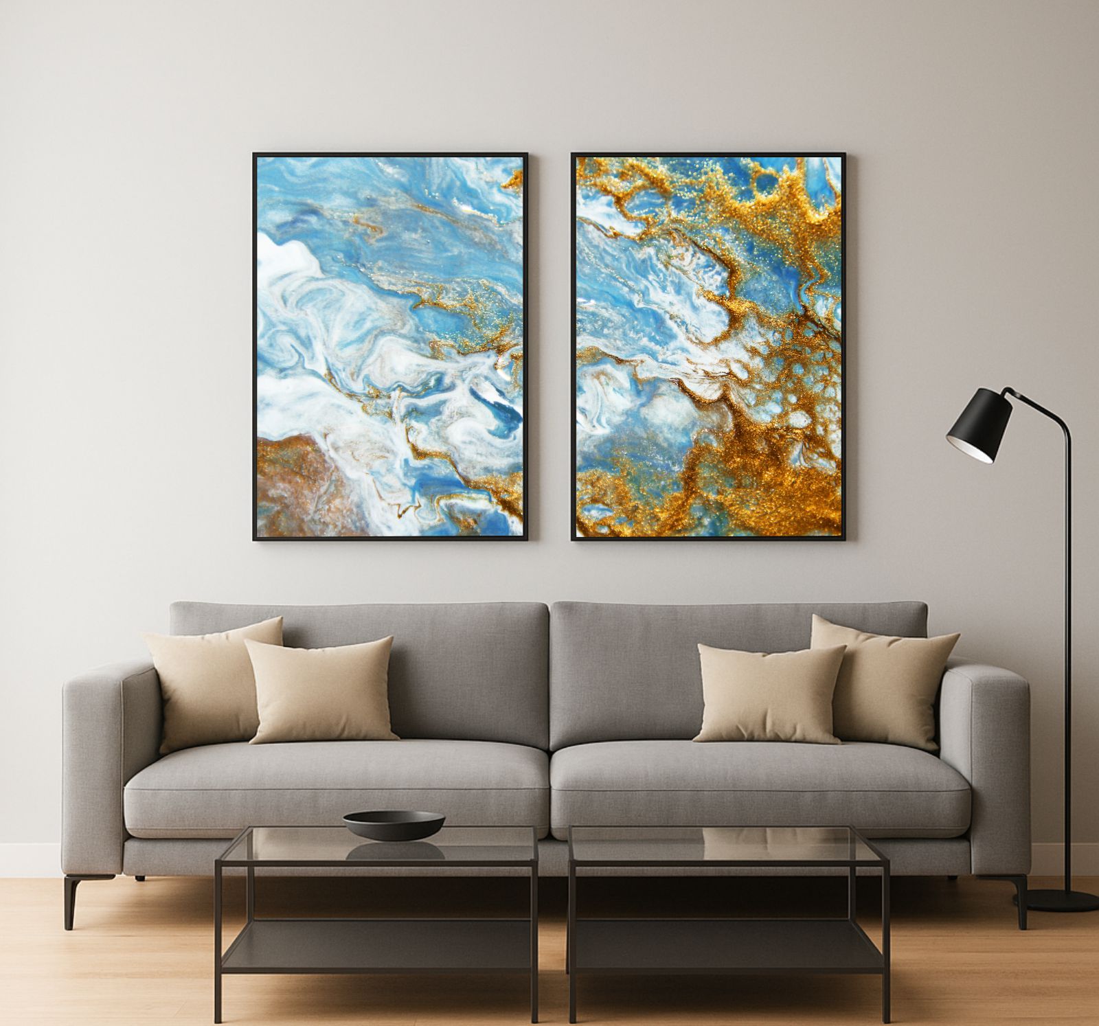 Kit 2 Quadros Decorativos Abstratos Mármore Azul E Dourado