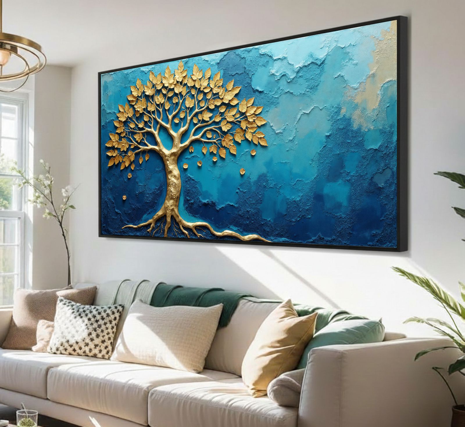 Quadro Decorativo Árvore Da Vida Dourada e Azul