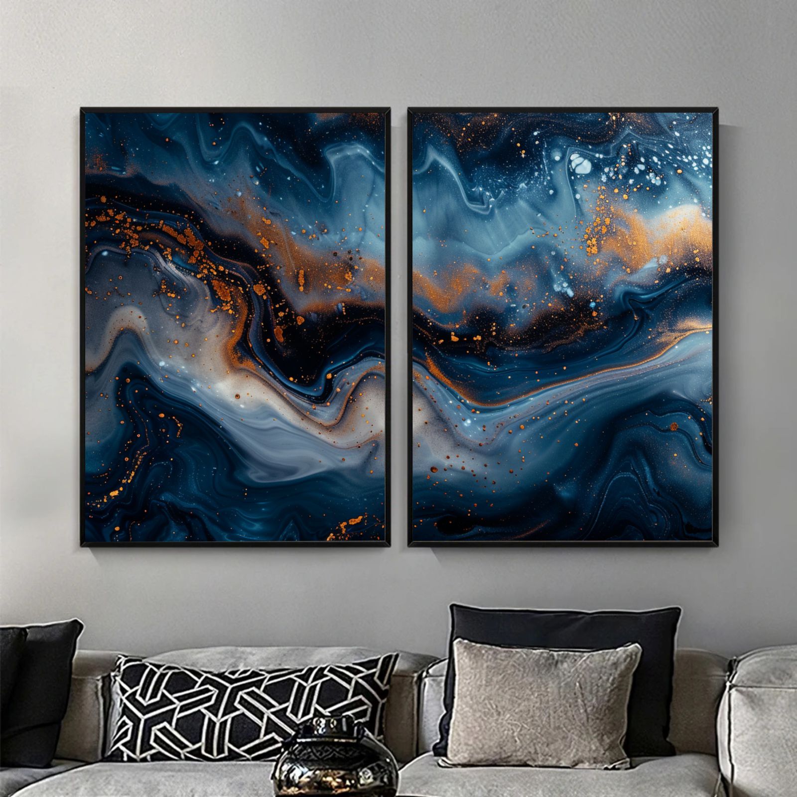 Kit 2 Quadros Decorativos Abstratos Azul Marinho e Dourado