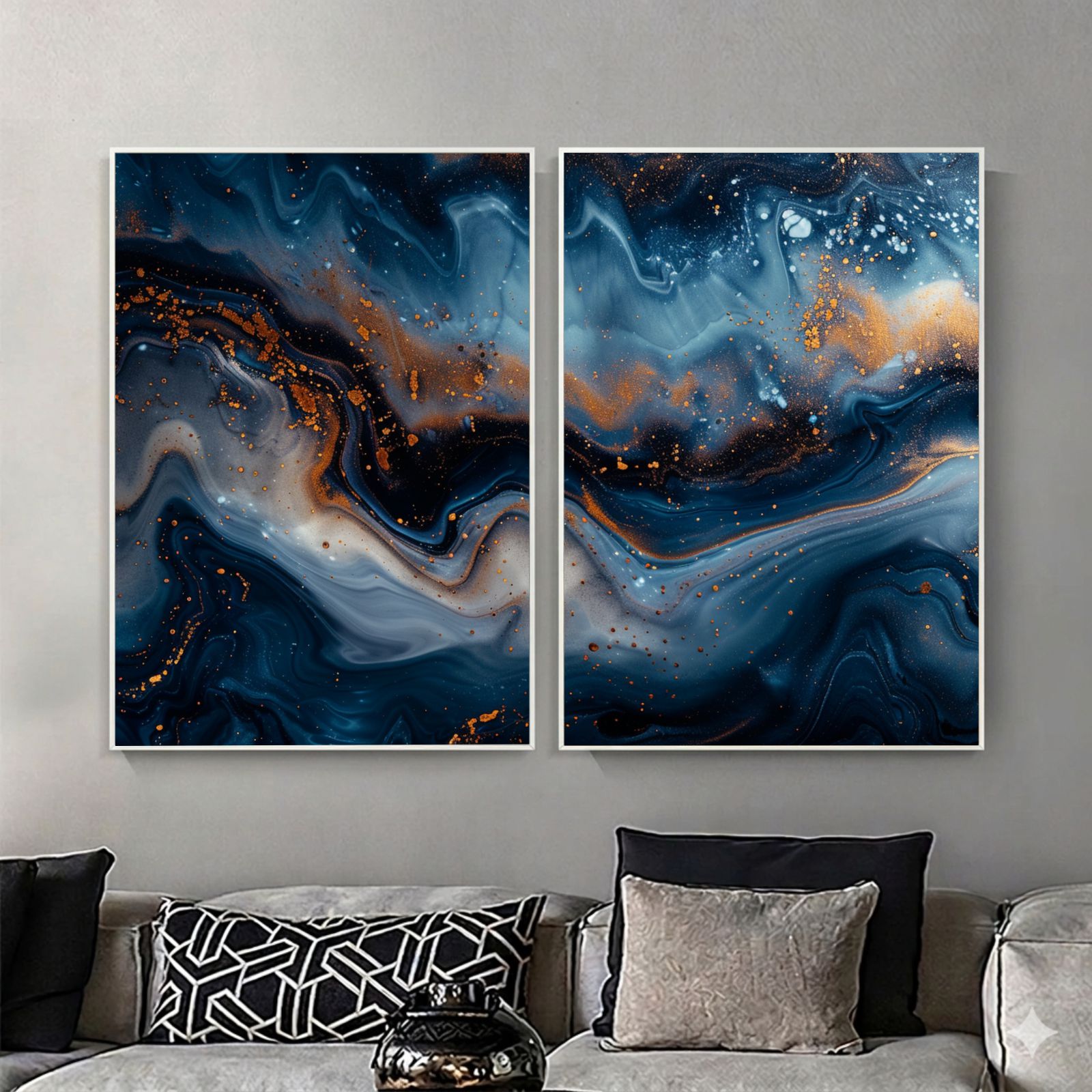Kit 2 Quadros Decorativos Abstratos Azul Marinho e Dourado