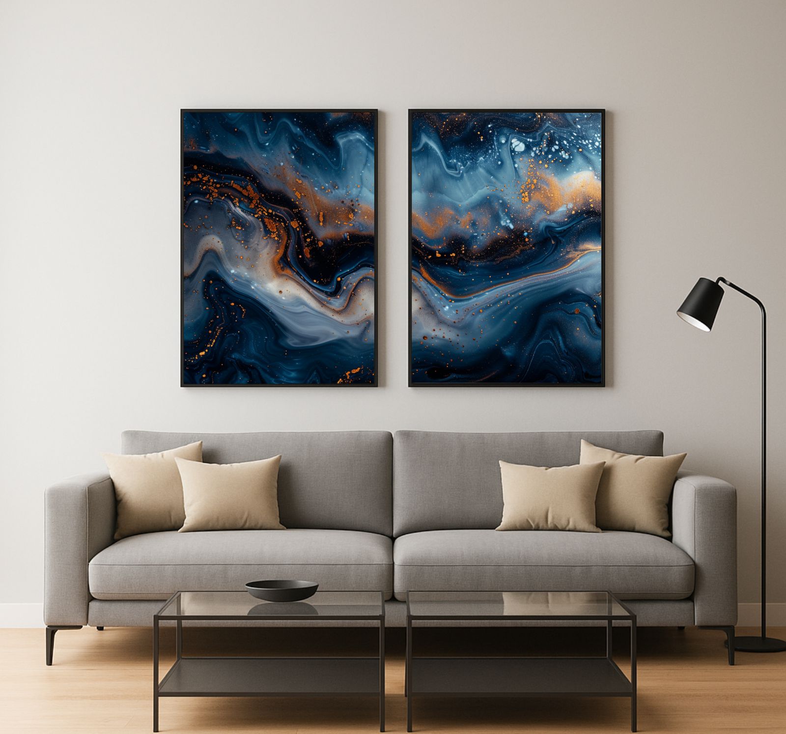 Kit 2 Quadros Decorativos Abstratos Azul Marinho e Dourado