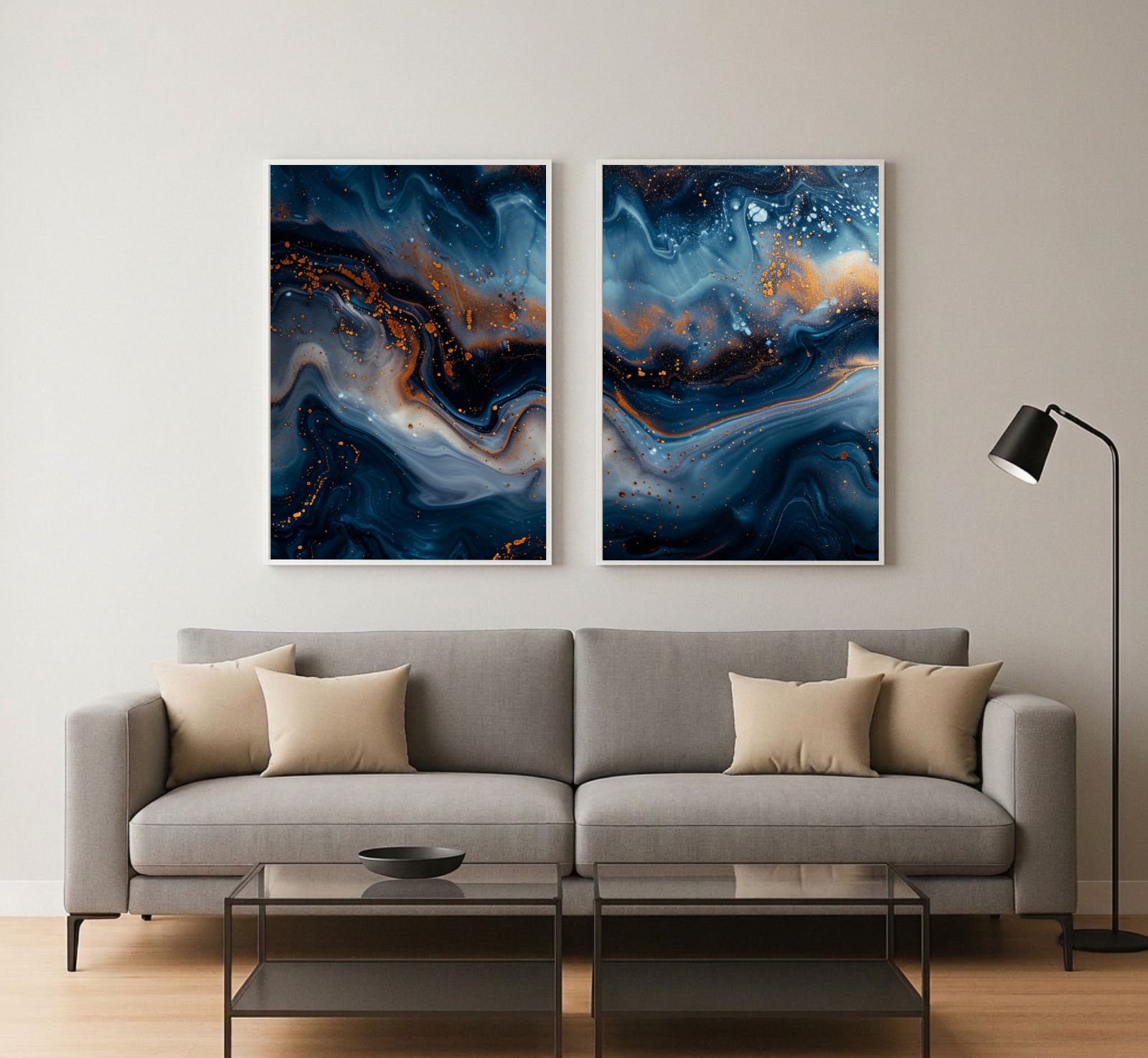 Kit 2 Quadros Decorativos Abstratos Azul Marinho e Dourado