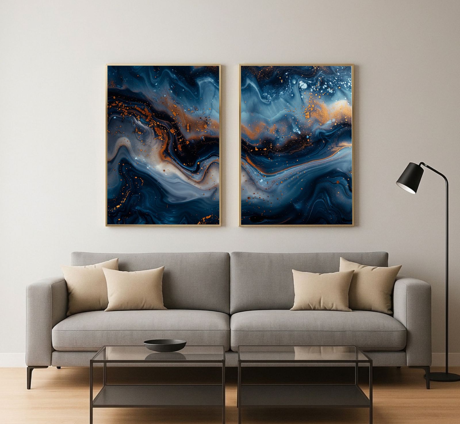 Kit 2 Quadros Decorativos Abstratos Azul Marinho e Dourado