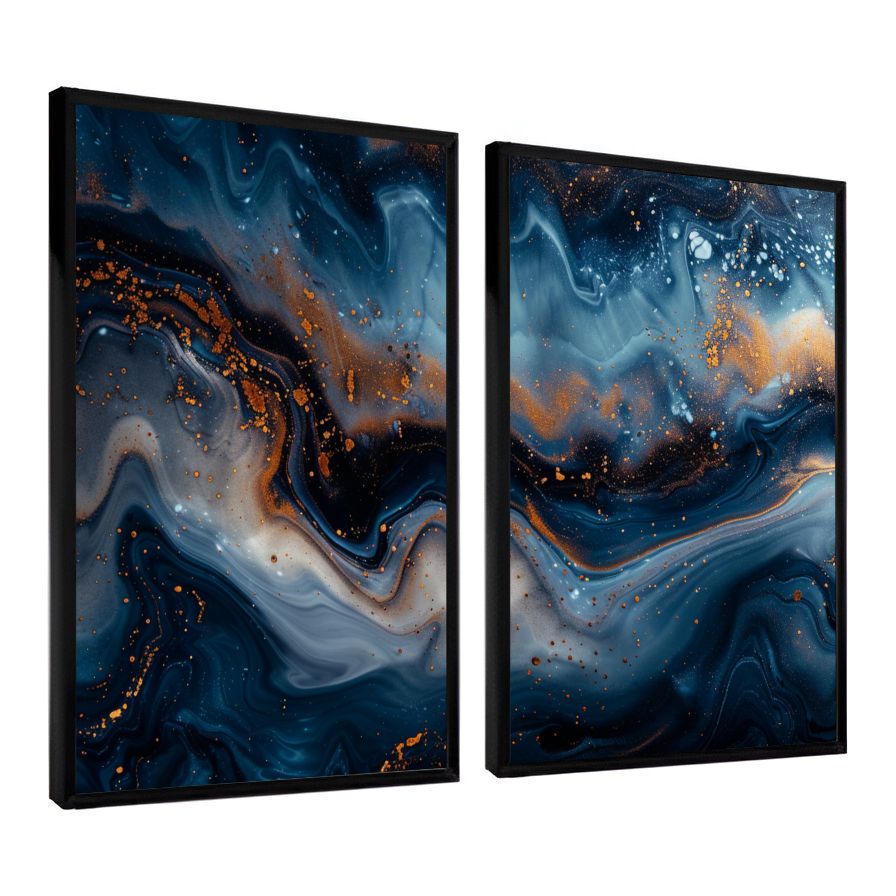 Kit 2 Quadros Decorativos Abstratos Azul Marinho e Dourado