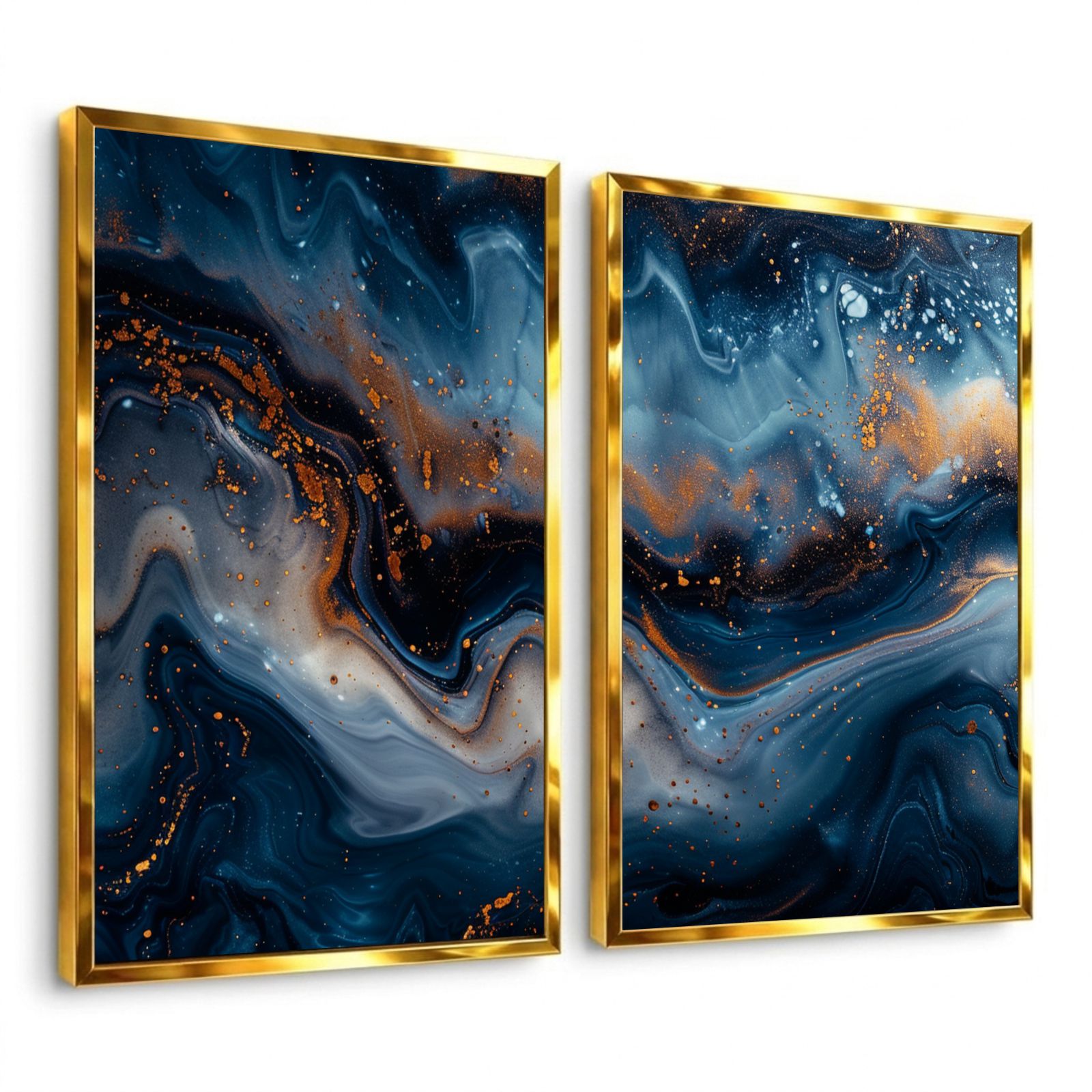 Kit 2 Quadros Decorativos Abstratos Azul Marinho e Dourado