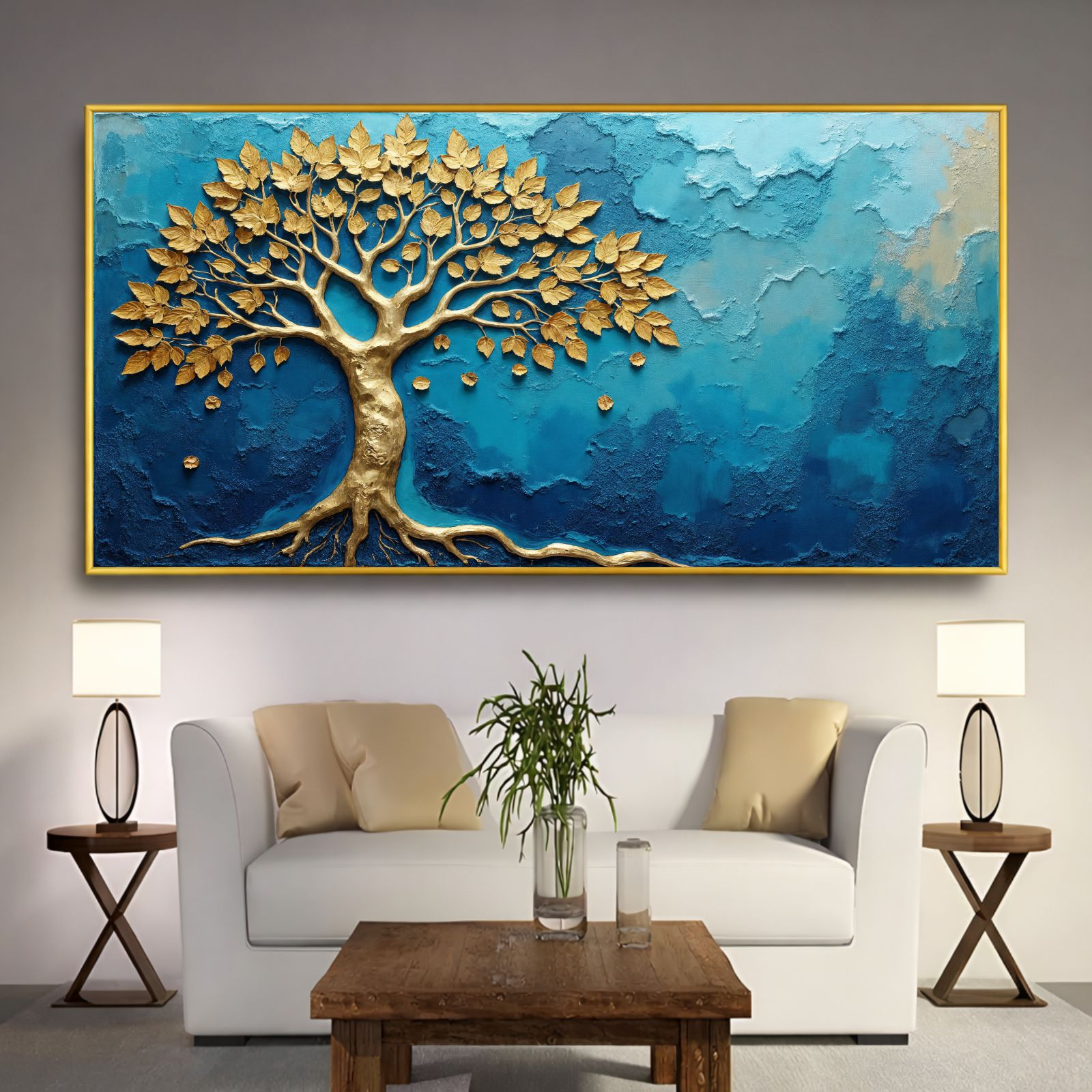 Quadro Decorativo Árvore Da Vida Dourada e Azul