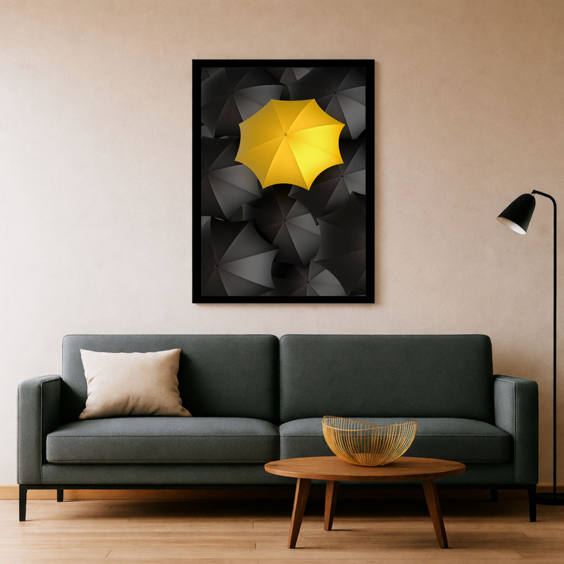 Quadro Decorativo Guarda Chuva Minimalista Amarelo