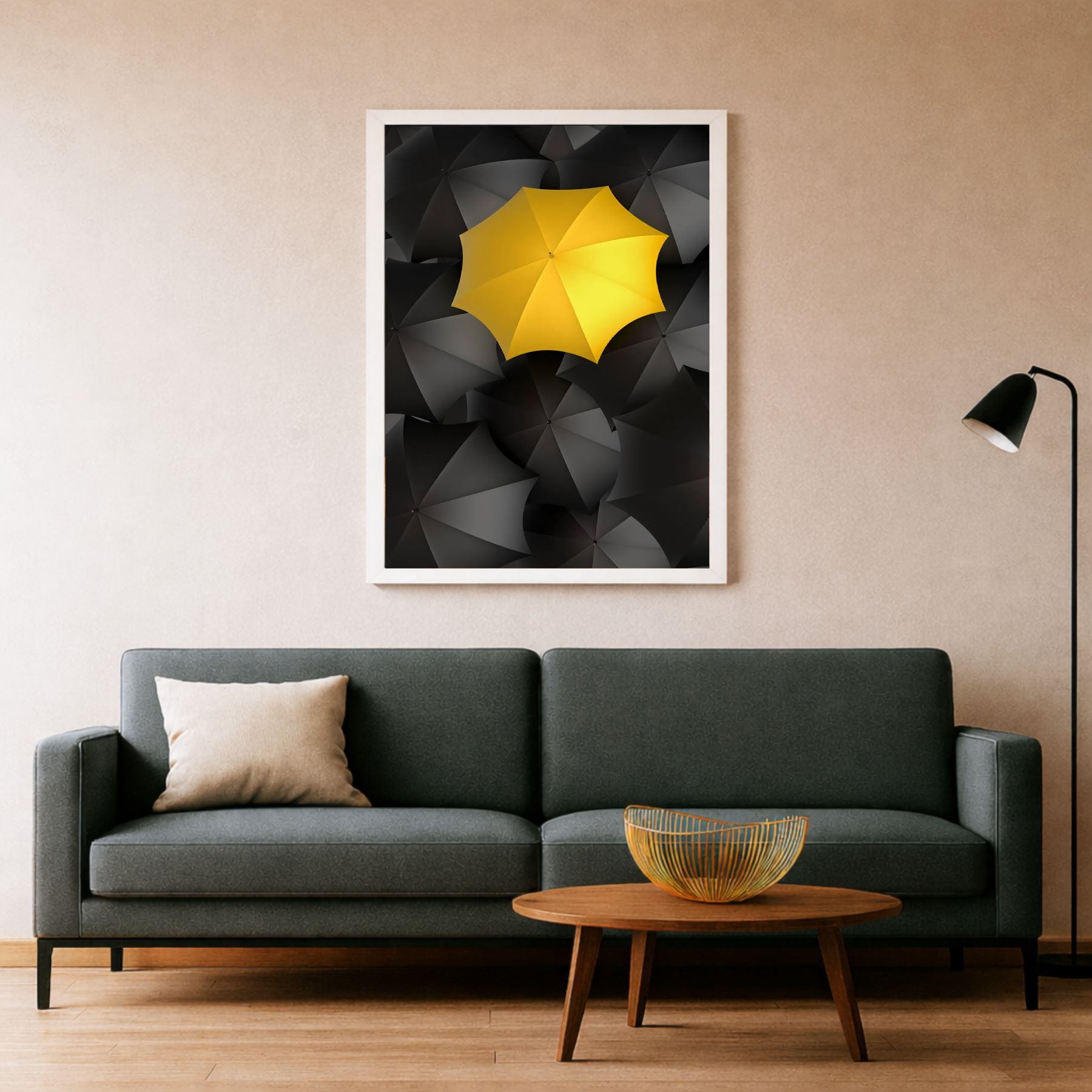 Quadro Decorativo Guarda Chuva Minimalista Amarelo