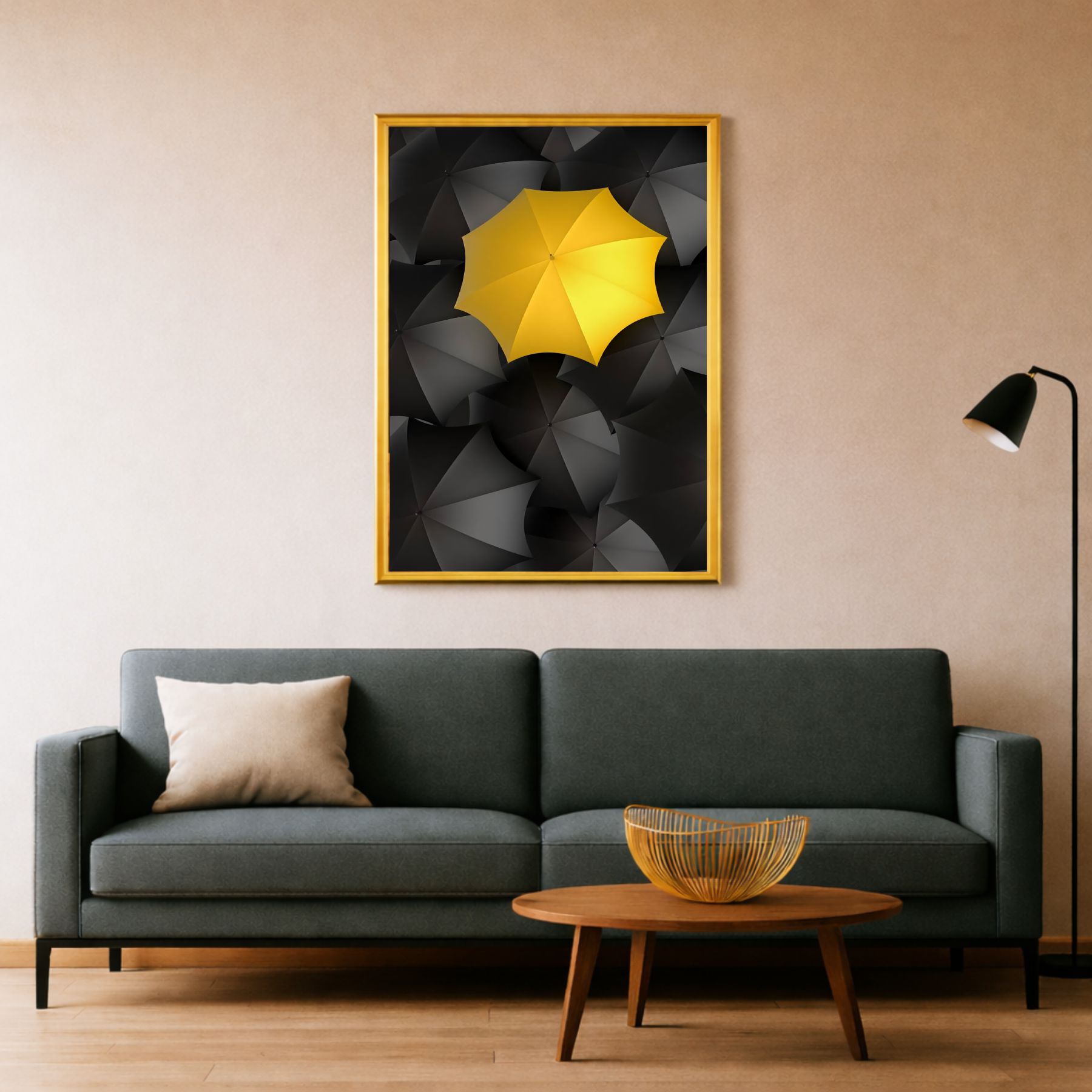 Quadro Decorativo Guarda Chuva Minimalista Amarelo