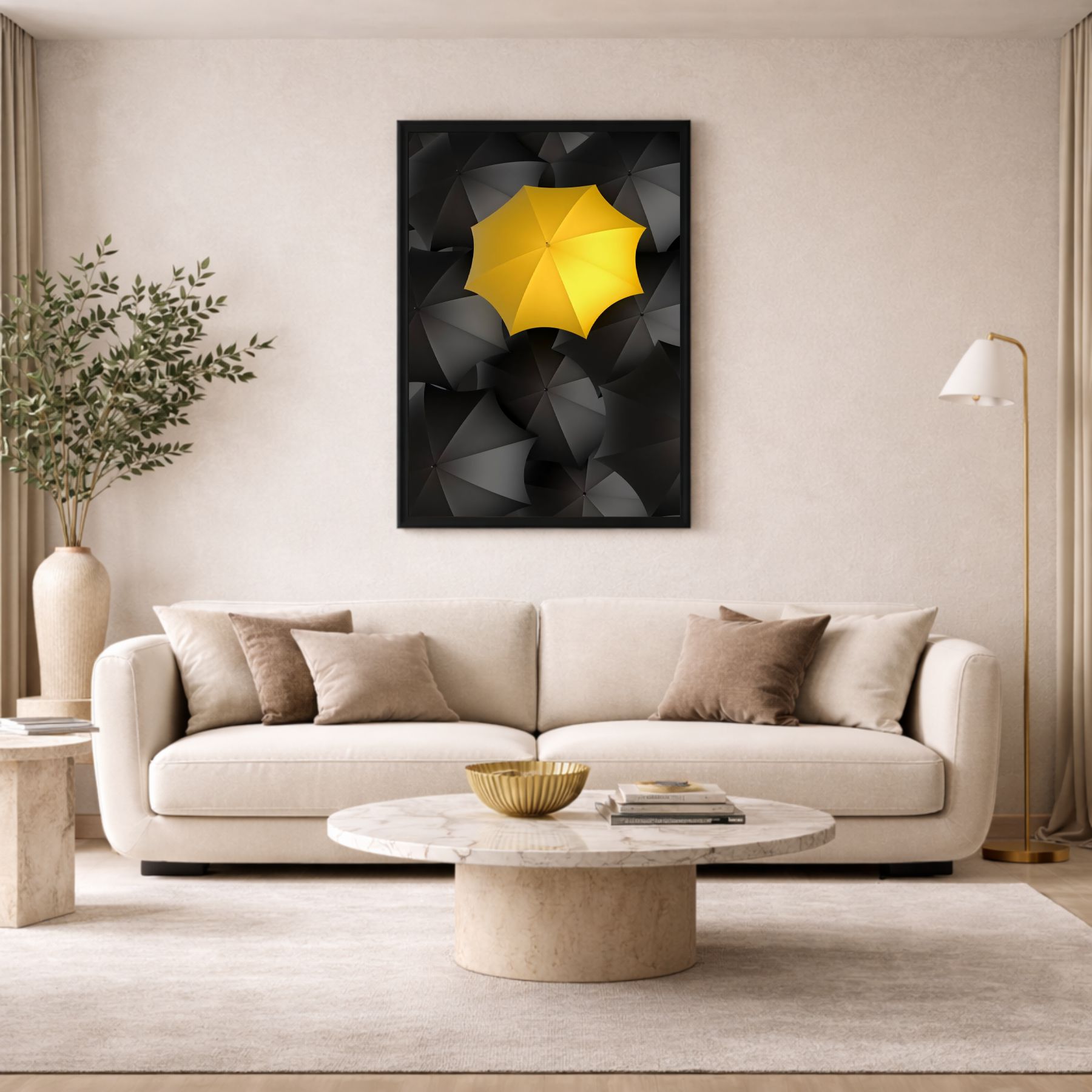 Quadro Decorativo Guarda Chuva Minimalista Amarelo