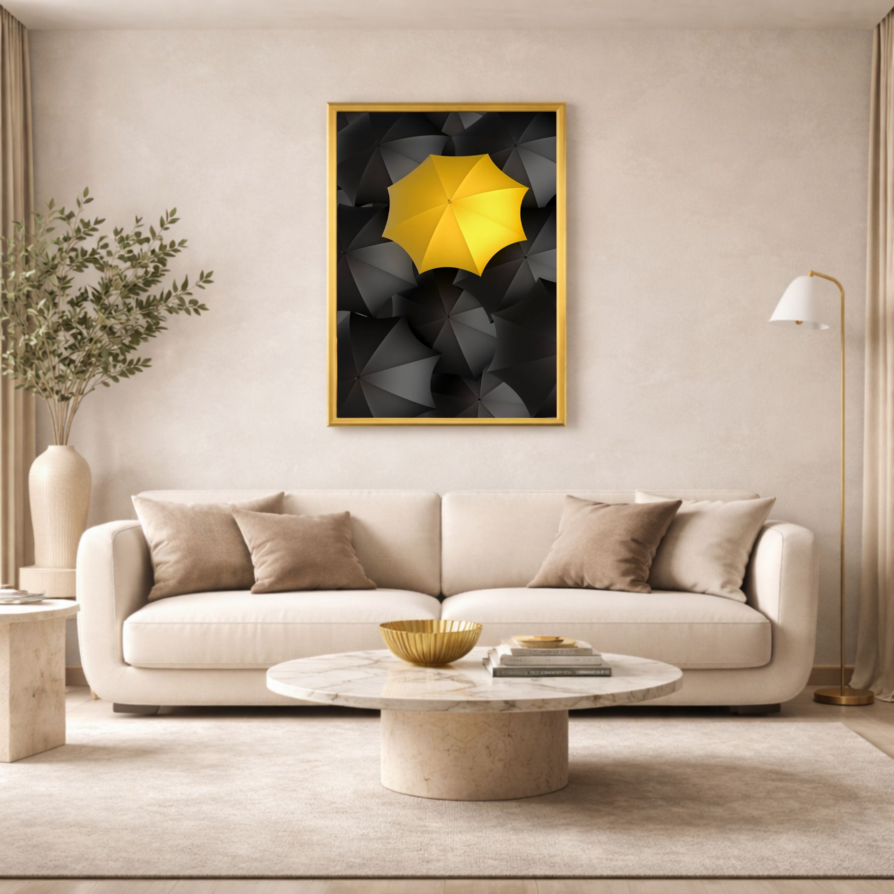 Quadro Decorativo Guarda Chuva Minimalista Amarelo