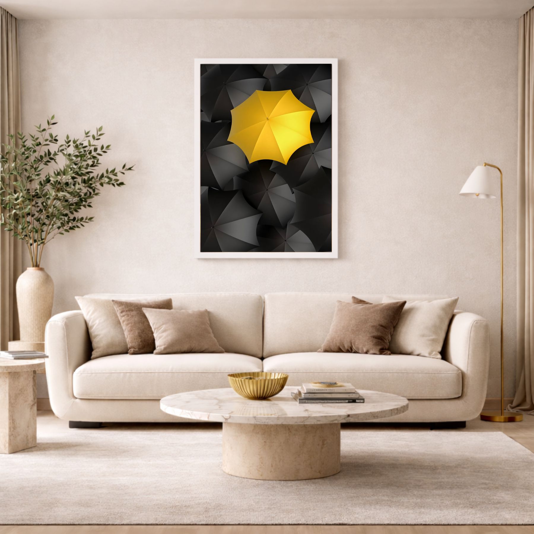 Quadro Decorativo Guarda Chuva Minimalista Amarelo