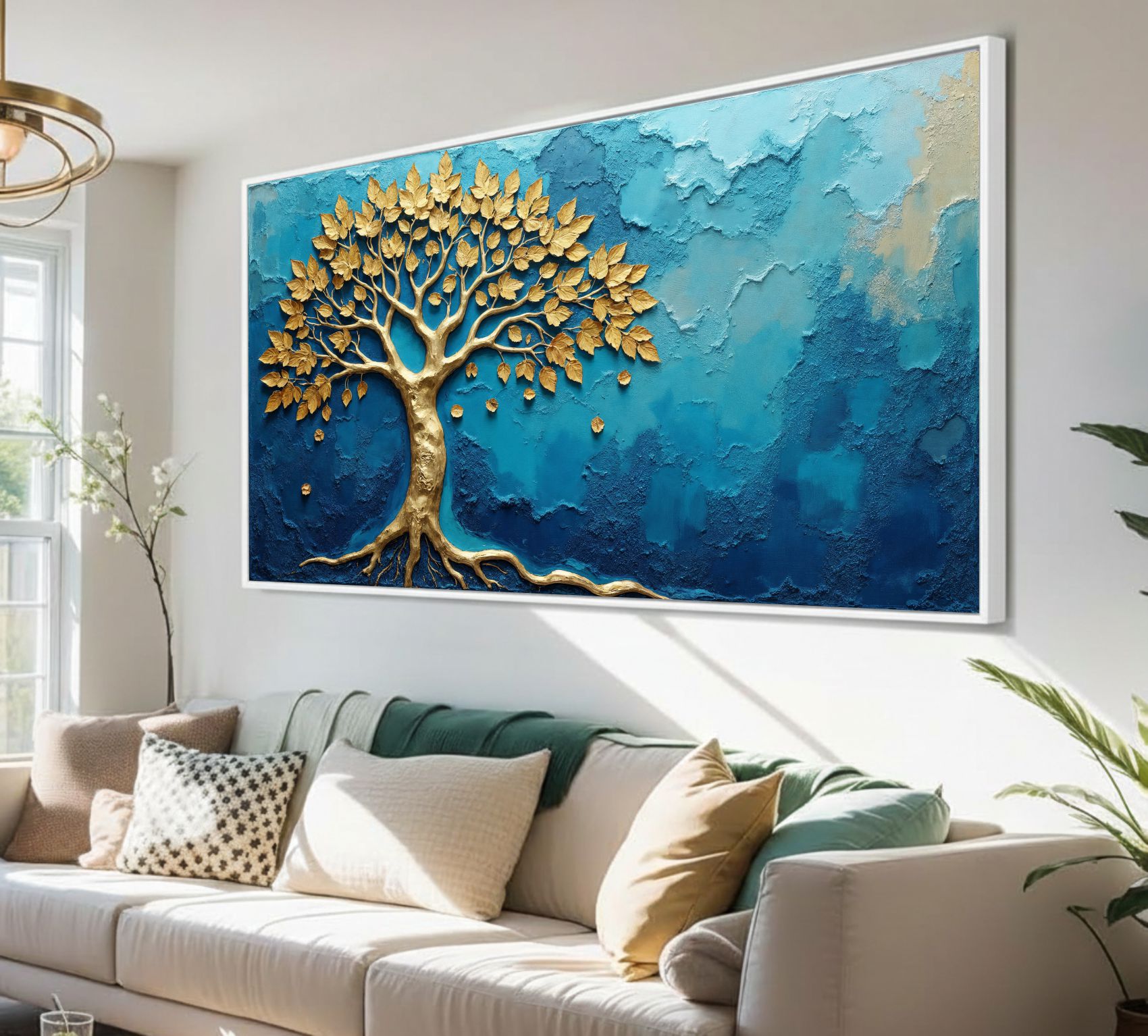 Quadro Decorativo Árvore Da Vida Dourada e Azul
